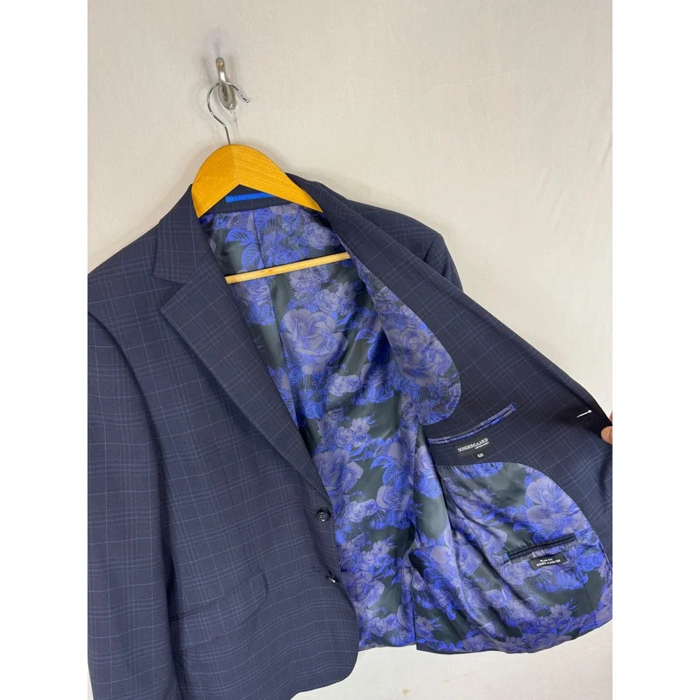 Sondergaard Copenhagen Mens 42R Slim Fit Navy Blue Windowpane Plaid Blazer